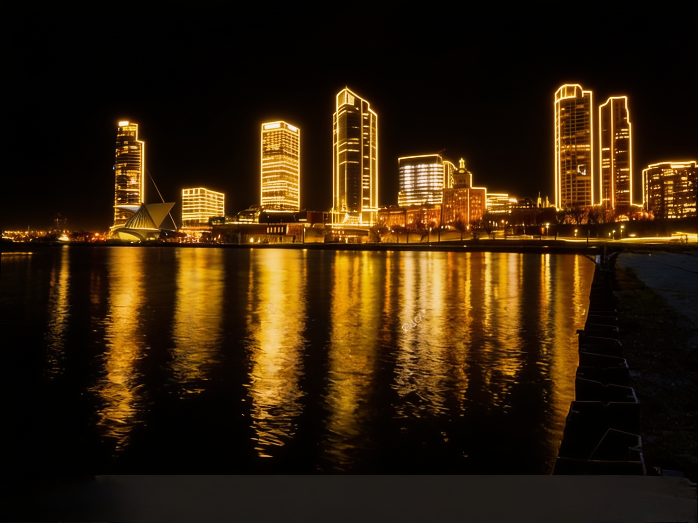 Downtown Milwaukee skyline glowing gold over the water at night